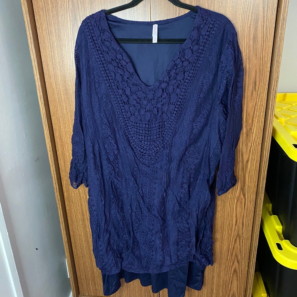 Xhilaration Dress Women 3X Navy Blue Lace Overlay V-Neck 3/4 Sleeve Boho Tunic